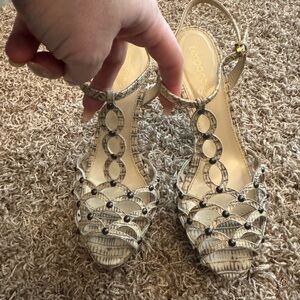 Sergio Rossi platform Women's Beige Snakeskin T-Strap Dress Sandals